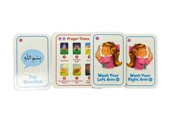 Set van vier kleurrijke illustratieve islamitische gebedsinstructiekaarten met tweetekst voor kinderen lets pray the fun salah game