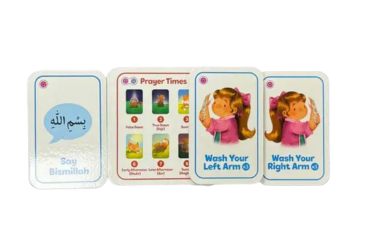 Set van vier kleurrijke illustratieve islamitische gebedsinstructiekaarten met tweetekst voor kinderen lets pray the fun salah game