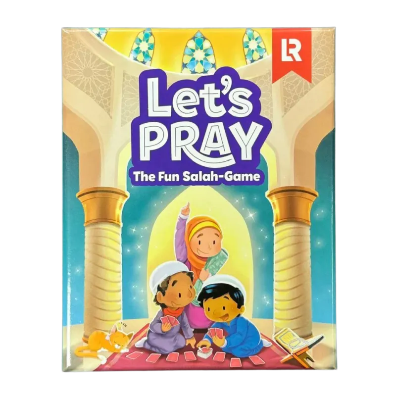 Let’s pray the fun salah game bordspel doos met kleurrijke cartoonkinderen in moskee met blauw en goud ontwerp