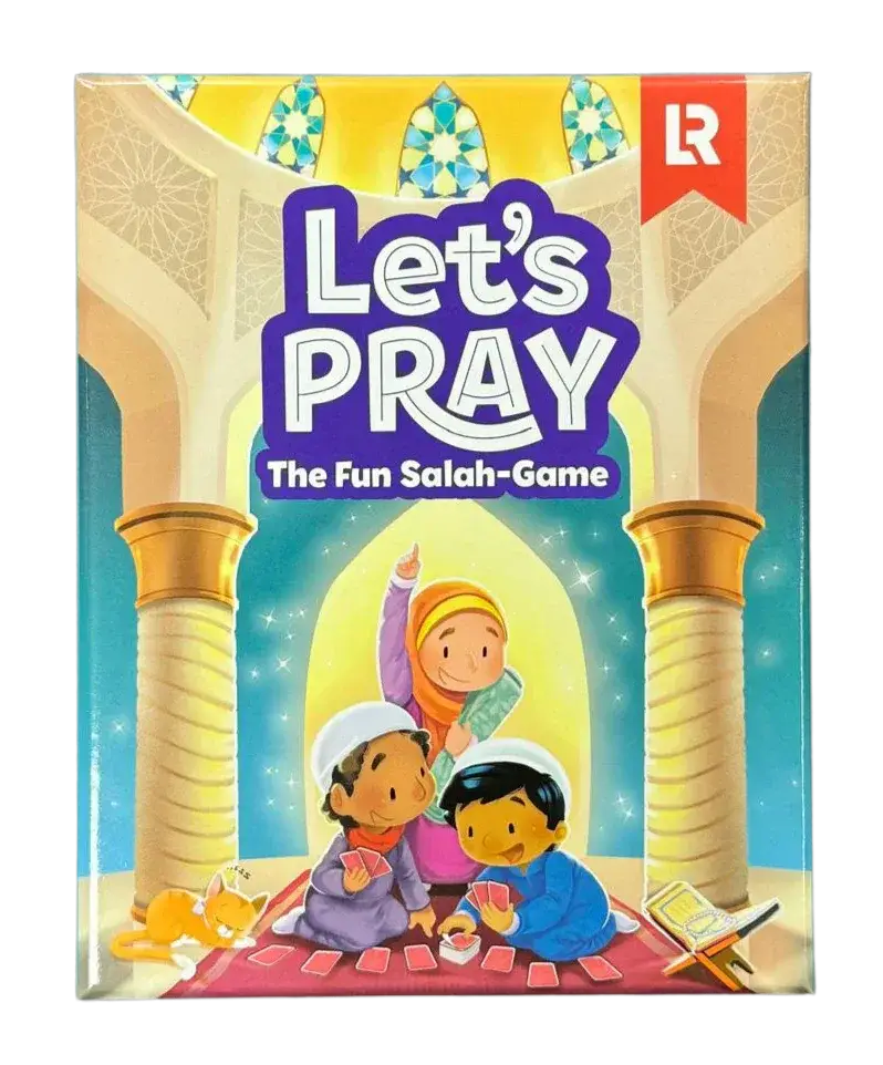 Let’s pray the fun salah game bordspel doos met kleurrijke cartoonkinderen in moskee met blauw en goud ontwerp