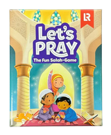 Let’s pray the fun salah game bordspel doos met kleurrijke cartoonkinderen in moskee met blauw en goud ontwerp