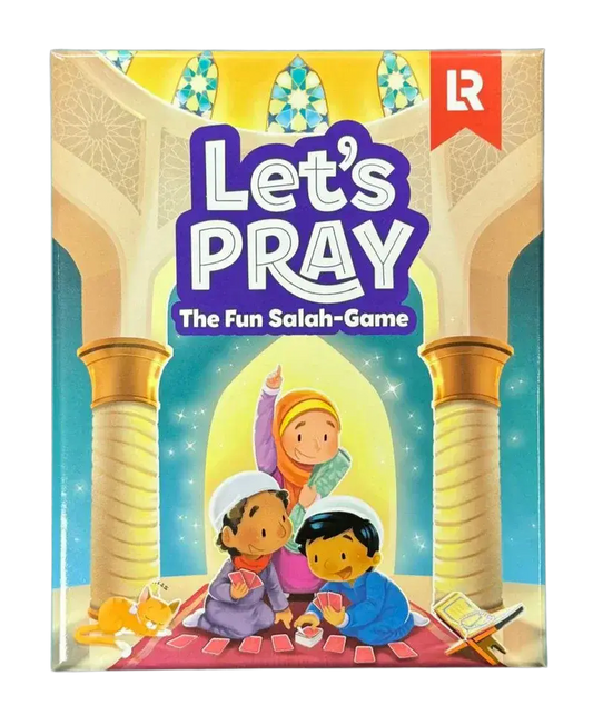 Let’s pray the fun salah game bordspel doos met kleurrijke cartoonkinderen in moskee met blauw en goud ontwerp