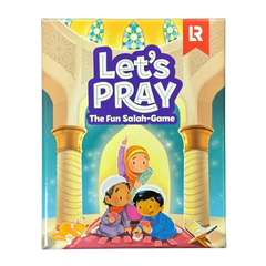 Let’s pray the fun salah game bordspel doos met kleurrijke cartoonkinderen in moskee met blauw en goud ontwerp