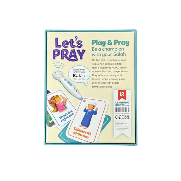 Let’s pray the fun salah game doos met geïllustreerde gebedskaarten en een wit elektronisch leerhulpmiddel