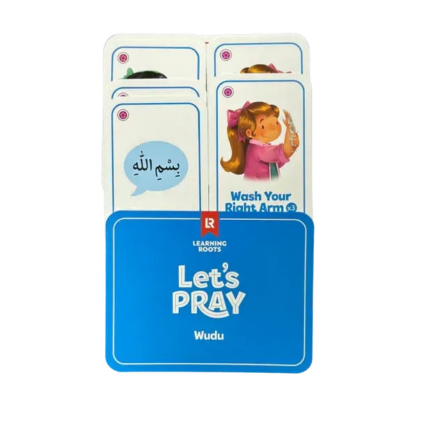 Blue let’s pray wudu learning card set with illustrated children and arabic text for fun salah game
