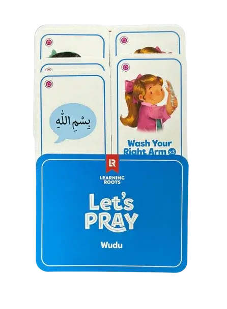 Blue let’s pray wudu learning card set with illustrated children and arabic text for fun salah game
