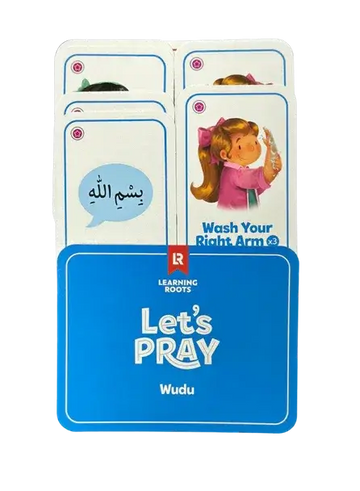 Blue let’s pray wudu learning card set with illustrated children and arabic text for fun salah game