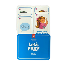 Blue let’s pray wudu learning card set with illustrated children and arabic text for fun salah game