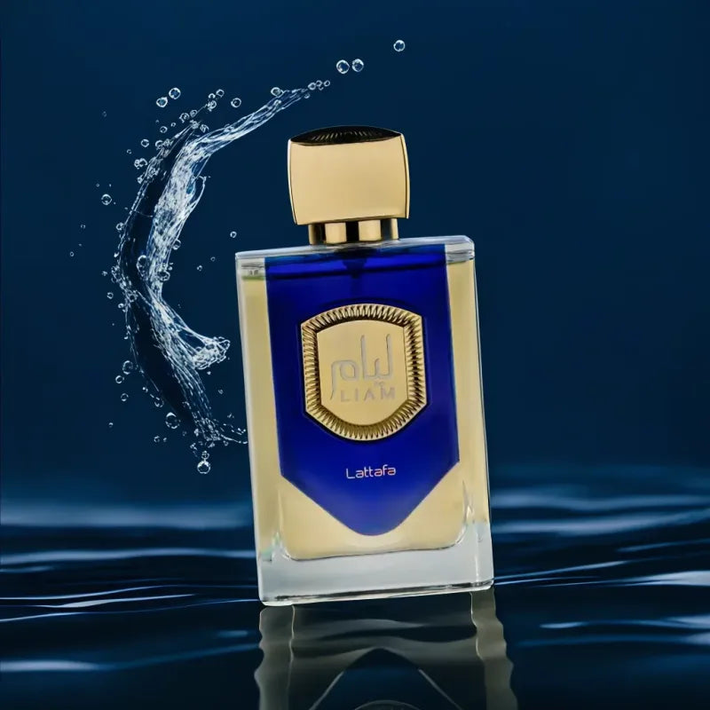 Gouden en blauwe parfumfles van Liam Blue Shine Lattafa met elegante uitstraling