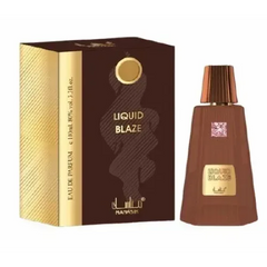 Bruine glazen fles met gouden dop en label met liquid blaze geur van mahasik liquid blaze edp 100 ml