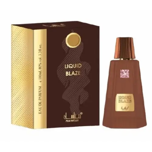 Bruine glazen fles met gouden dop en label van liquid blaze geur van mahasik in 100 ml edp verpakking