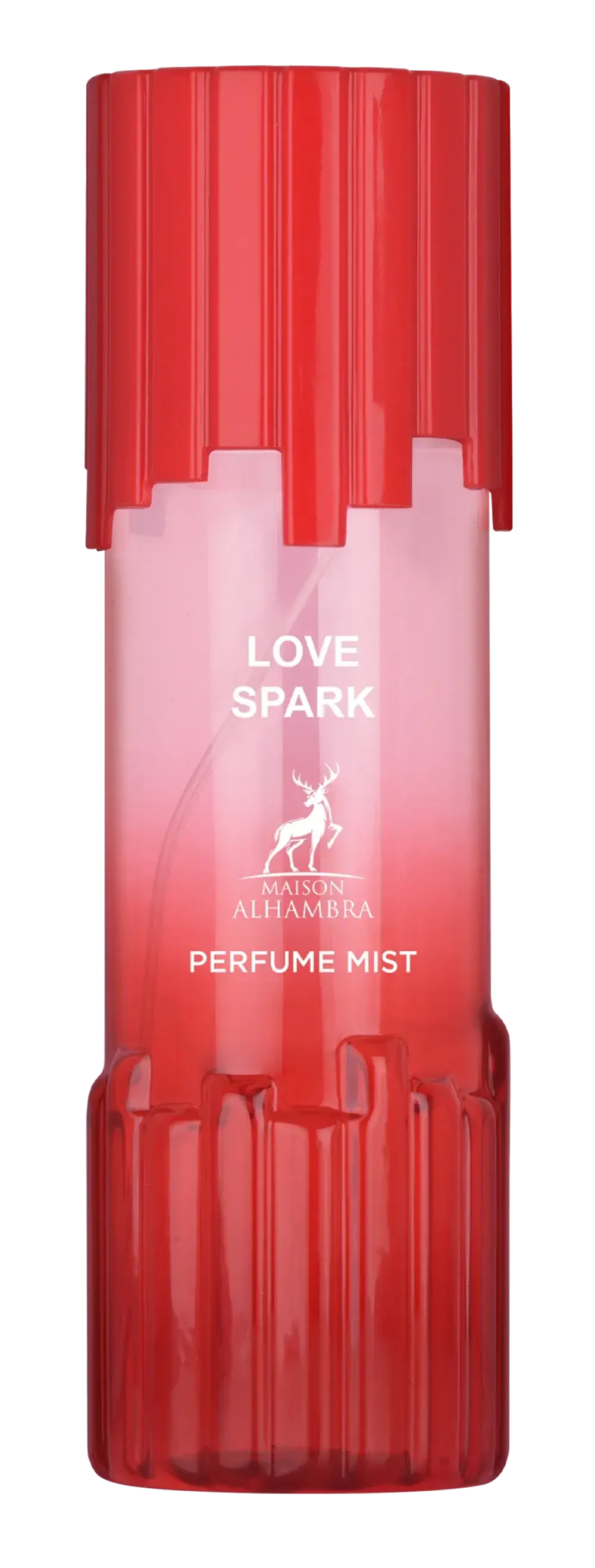 Rode cilindervormige parfummistfles met een roze verloopetiket met de naam love spark en een hertenlogo
