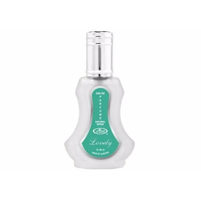 Zilveren parfum spray flesje met groene label en dop, 42 ml, voor Lovely Sprayfles 35ml