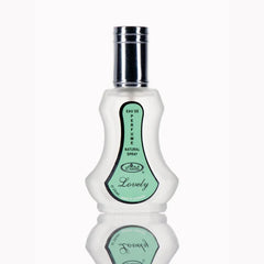 Witte parfum spray fles met groene label en zilveren dop van Lovely sprayfles 35ml