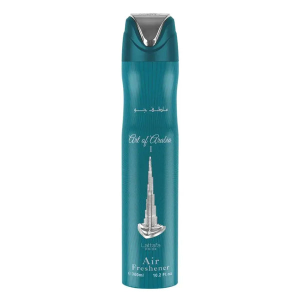 Teal aerosol luchtverfrisser can met zilveren dop en burj khalifa afbeelding art of arabia l product