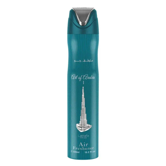 Teal aerosol luchtverfrisser can met zilveren dop en burj khalifa afbeelding art of arabia l product