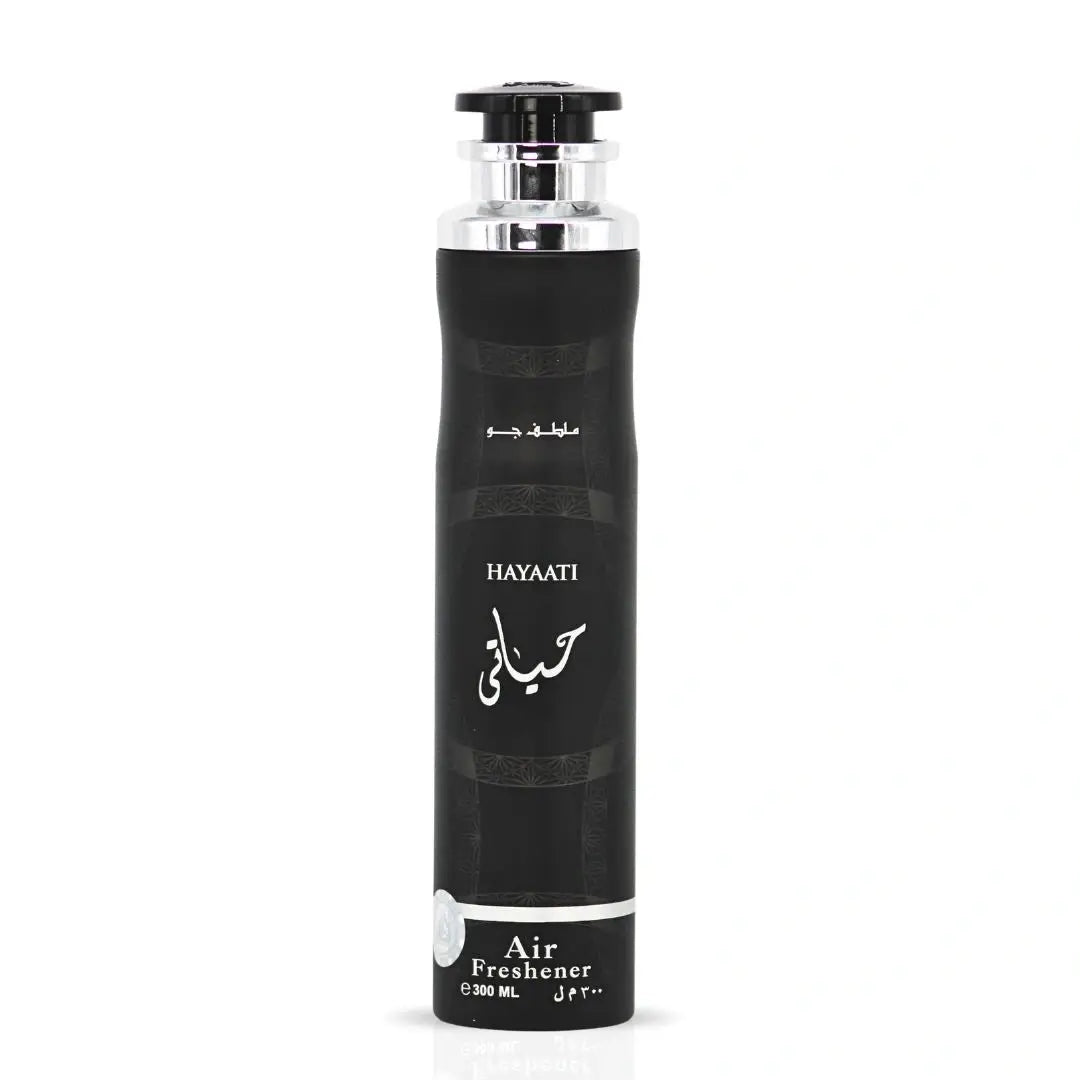 Luchtverfrisser hayaati 300 ml zwarte cilindrische airfreshener met zilveren accenten en arabisch schrift