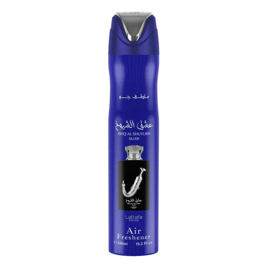 Blauwe cilindrische luchtverfrisser ishq al shuyukh silver met zilveren spray nozzle en arabische en Engelse tekst