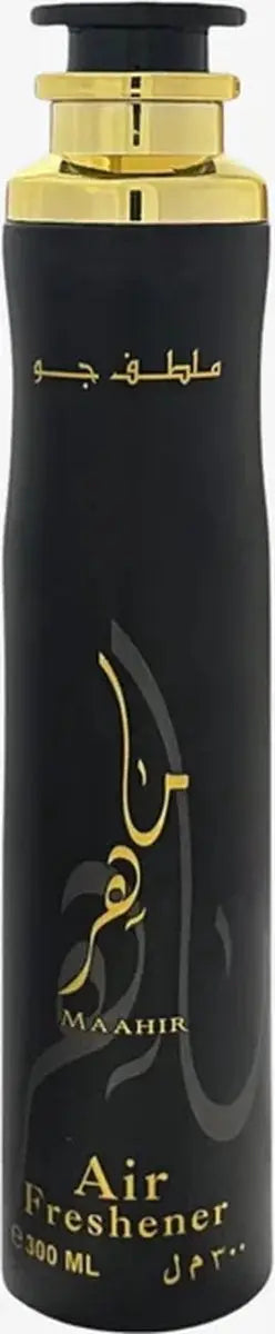 Zwart cilindrisch luchtverfrisser flesje maahir 300 ml met gouden accenten en arabische letters