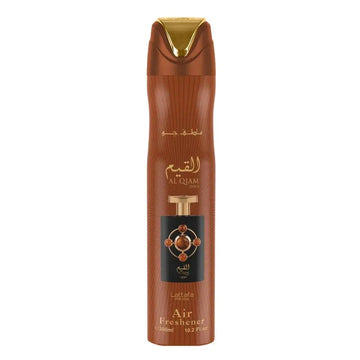 Bruine aluminium luchtverfrisser al qiam gold met gouden accenten en arabisch schrift op zwart etiket met ornamenten