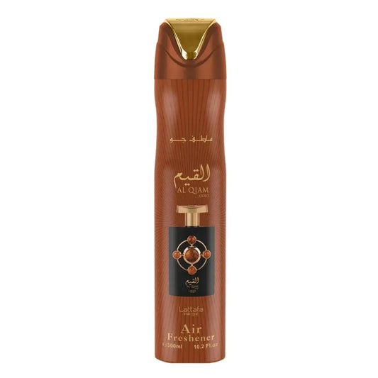 Bruine aluminium luchtverfrisser al qiam gold met gouden accenten en arabisch schrift op zwart etiket met ornamenten