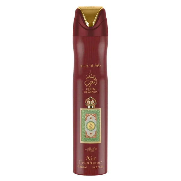 Maroon aerosolaire luchtverfrisser met gouden accenten en groen-gouden label queen of arabia van lattafa