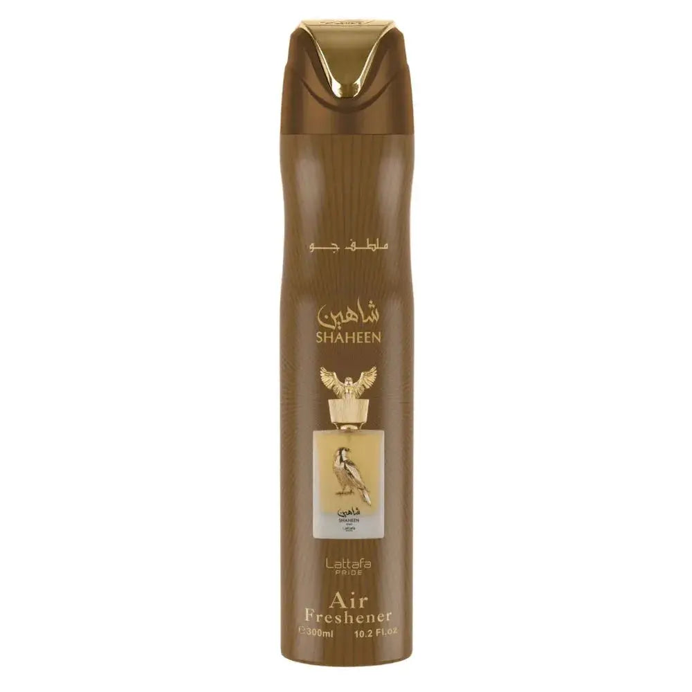 Brown aerosol luchtverfrisser met gouden accenten en gouden adelaar embleem van lattafa shaheen gold