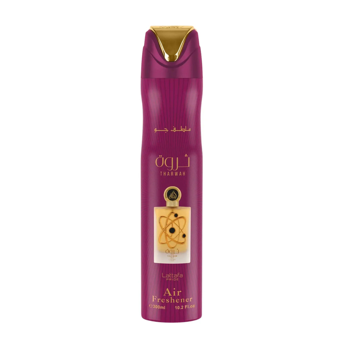 Paarse aerosolaire luchtverfrisser can met gouden accenten en atoomlabel van luchtverfrisser tharwah gold