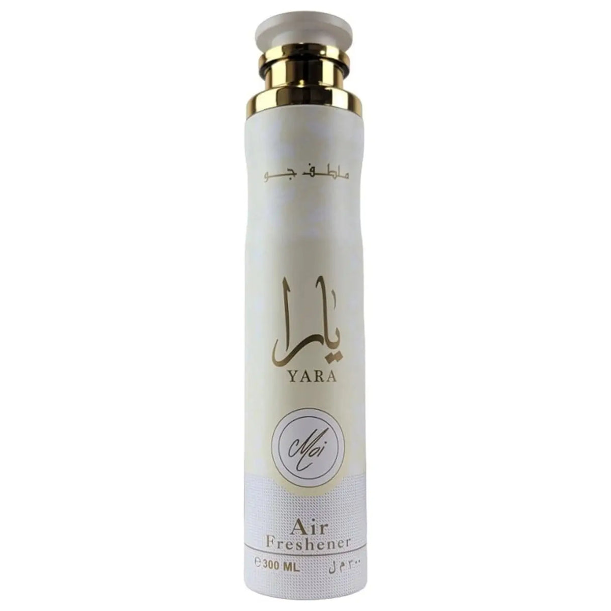 Witte cilindrische luchtverfrisser met gouden accenten en arabische letters van het merk yara moi 300 ml