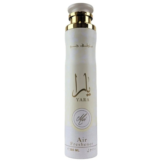 Witte cilindrische luchtverfrisser met gouden accenten en arabische letters van het merk Yara 300 ml