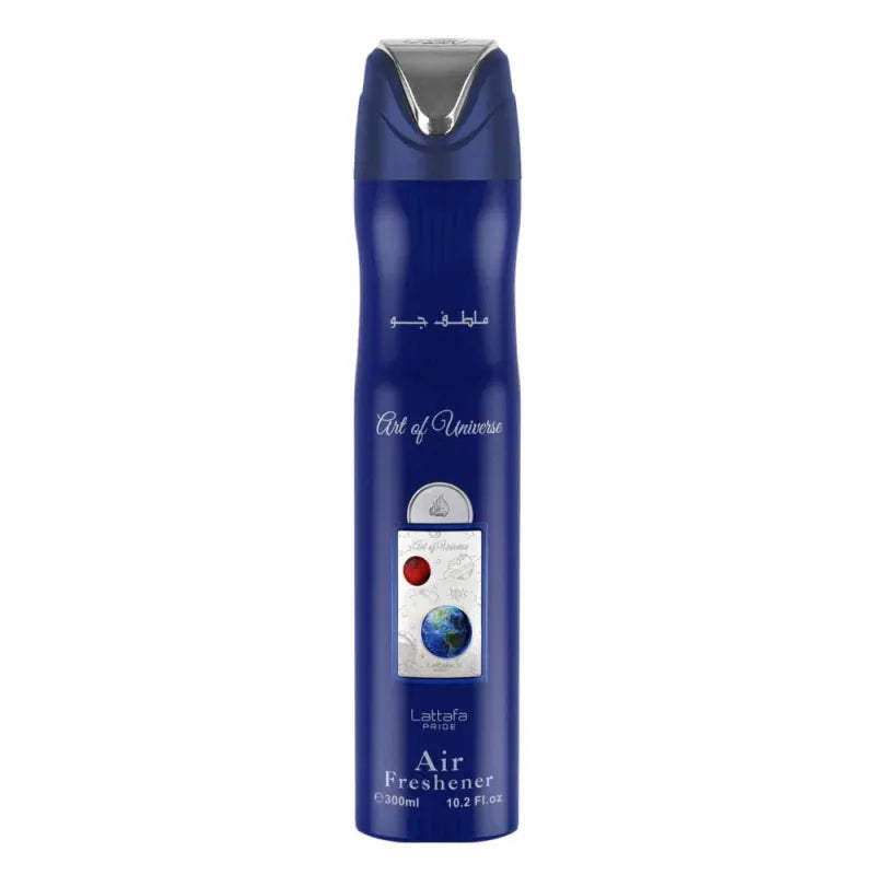 Deep blue cylindrical luchtverfrisser met zilveren dop en art of universe label van lattafa pride