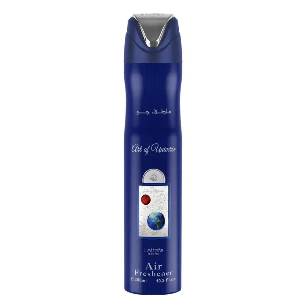 Deep blue cylindrical luchtverfrisser met zilveren dop en art of universe label van lattafa pride