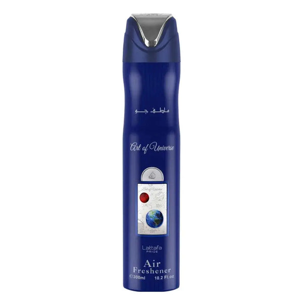 Deep blue cylindrical luchtverfrisser met zilveren dop en art of universe label van lattafa pride