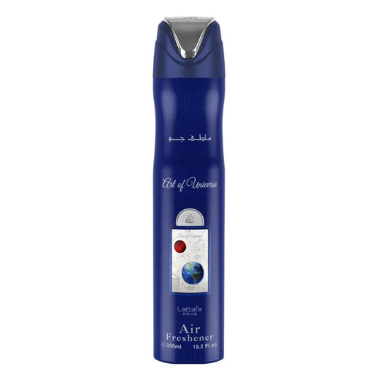 Deep blue cylindrical luchtverfrisser met zilveren dop en art of universe label van lattafa pride