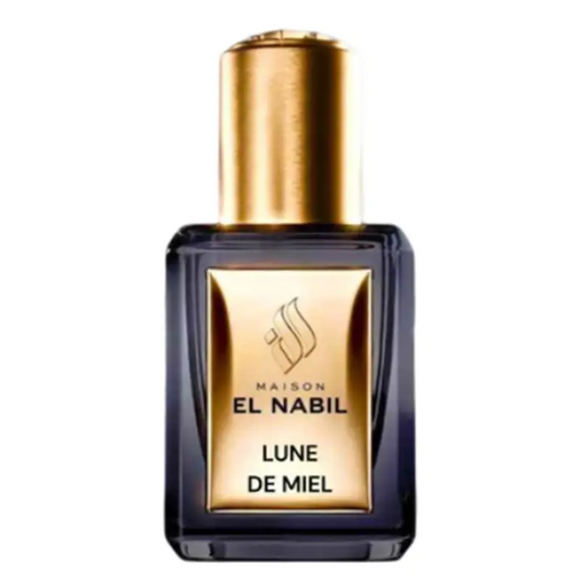 Een slank donkere glazen parfumfles met gouden dop en etiket van maison el nabil parfumolie lune de miel