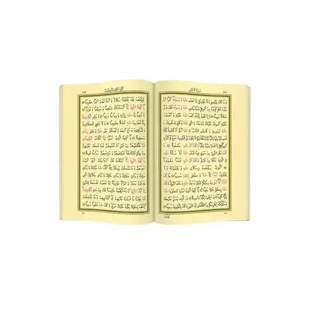 Luxe arabische koran in houten box met open boek, arabische tekst in zwarte inkt op crèmekleurige pagina’s en decoratieve randen