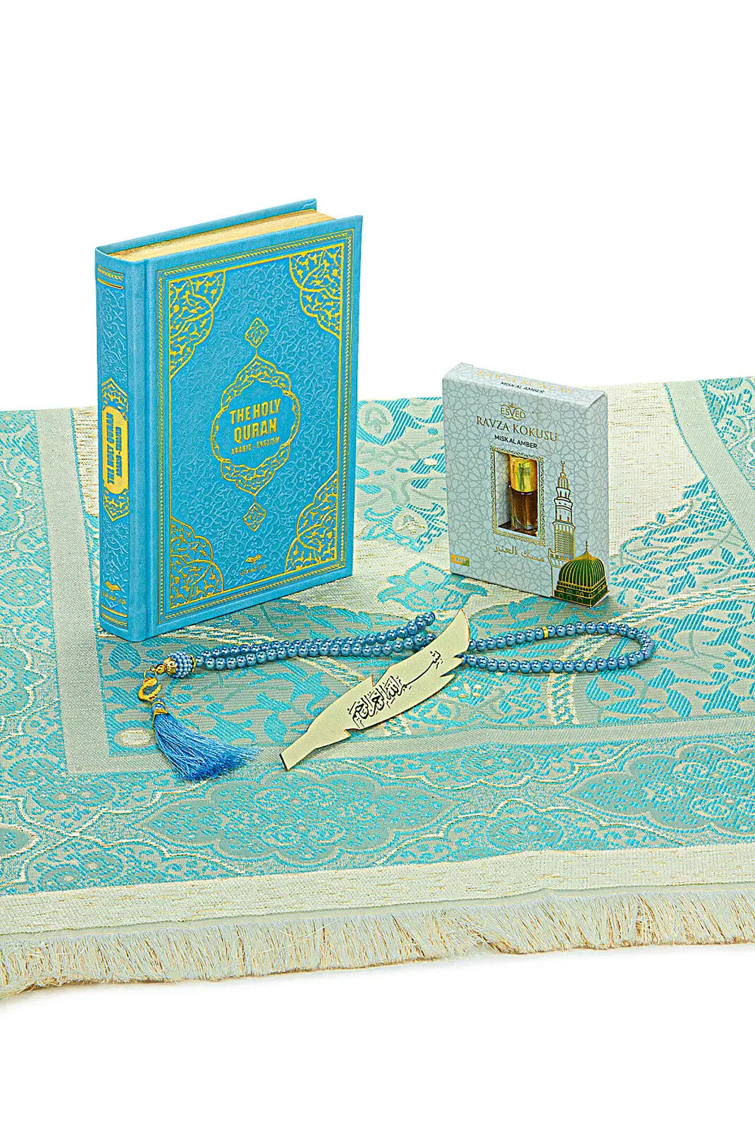 Luxe blauwe cadeauset met een engels/arabische koran en parfum - Islamboekhandel.nl