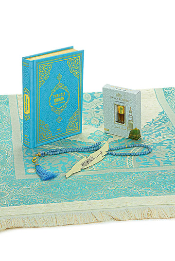 Luxe blauwe cadeauset met een engels/arabische koran en parfum - Islamboekhandel.nl