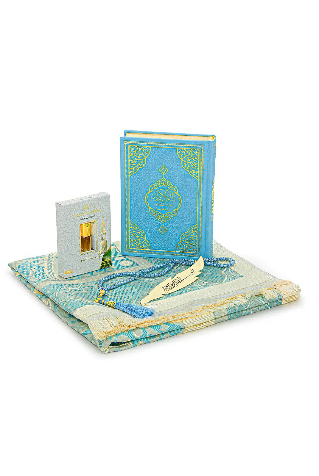 Luxe blauwe cadeauset met een engels/arabische koran en parfum - Islamboekhandel.nl