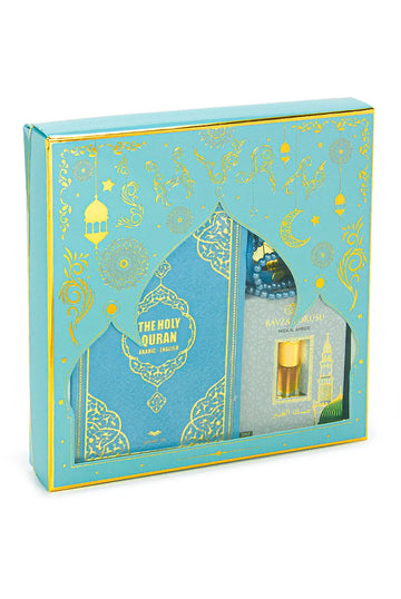 Luxe blauwe cadeauset met een engels/arabische koran en parfum - Islamboekhandel.nl