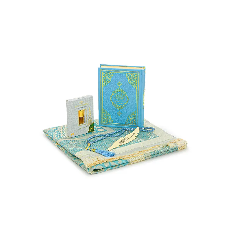 Luxe blauwe cadeauset met turquoise en gouden gebedsset, inclusief Engelse Arabische Koran