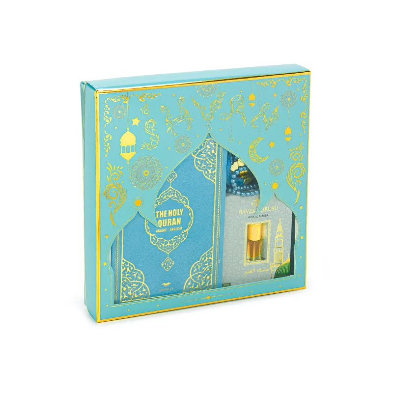 Turquoise en gouden geschenkdoos met luxe blauwe cadeauset, Engels Arabische Koran en parfum