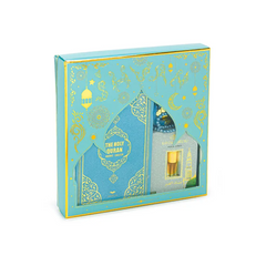 Turquoise en gouden geschenkdoos met luxe blauwe cadeauset, Engels Arabische Koran en parfum