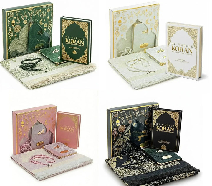 Elegante groene en gouden sierlijke cadeauset met de nobele koran, gebedskleed, yasin boekje en tasbih