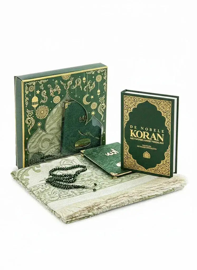 Groen en goudkleurige luxe cadeauset met de nobele koran, gebedsriemen, gebedskleed en yasin boekje