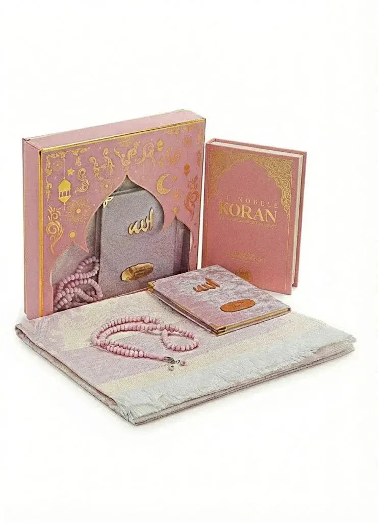 Pink en gouden luxe cadeauset met koran nederlands, gebedskleed, yasin boekje en tasbih in sierlijke doos
