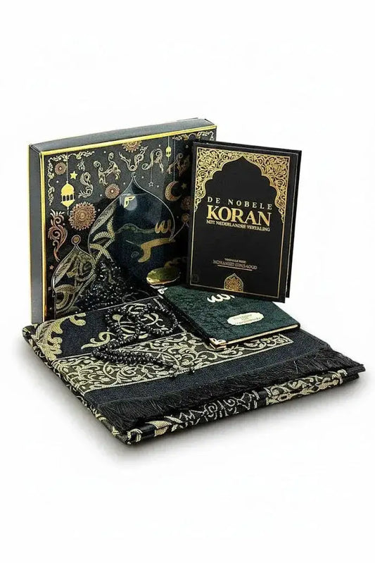 Luxe cadeauset met zwart en goud ornamenten koran, gebedskleed, yasin boekje, tasbih en decoratieve doos