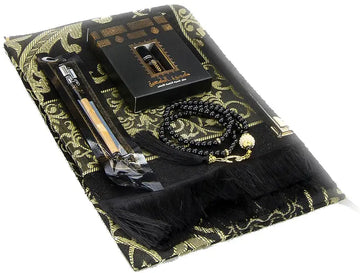 Luxe Cadeauset NL versie met zwarte gebedskleed, tasbih, Djoez amma, dua boekje, parfum, siwak - Islamboekhandel.nl