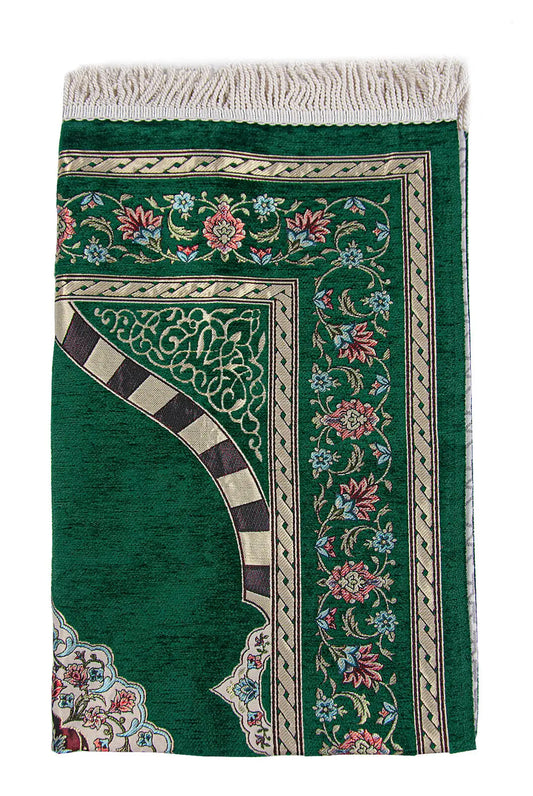 Luxe chenille gebedskleed met groene bloemmotieven en mihrab-design - Islamboekhandel.nl