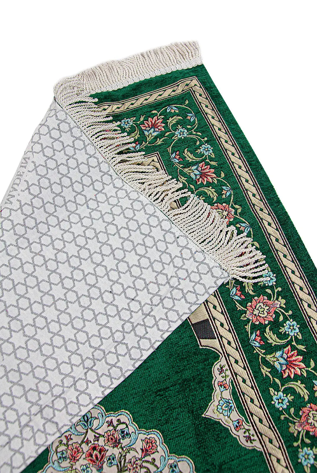 Luxe chenille gebedskleed met groene bloemmotieven en mihrab-design - Islamboekhandel.nl